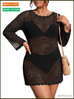 Plus Size Crochet Swim Coverup Long Sleeve Hollow Out Beach Dress